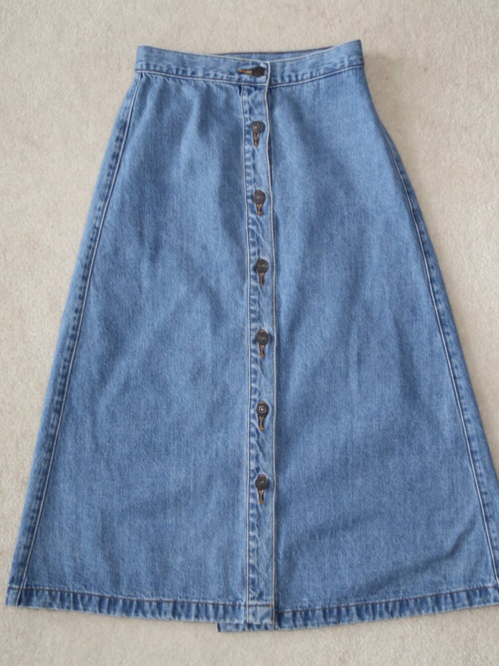 Vintage GU Denim Skirt 100% Cotton A-Line Midi Button Front blue